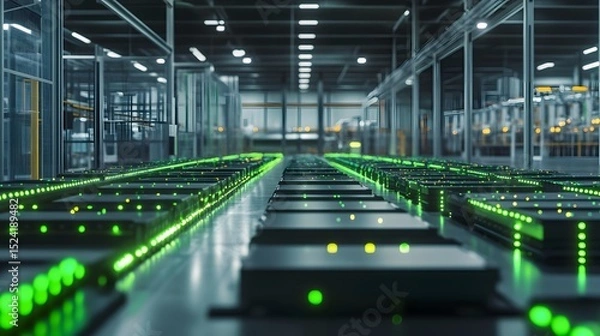 Fototapeta Futuristic battery production plant using green energy, showcasing clean solar technology and advanced manufacturing design.