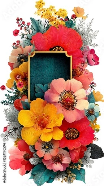 Fototapeta Floral Arrangement with Colorful Blossoms and Decorative Frame, Artistic Botanical Composition for Creative Projects