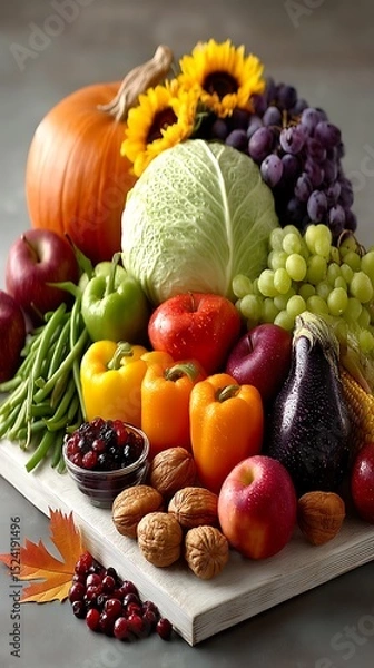 Fototapeta Fresh Harvest Display: A Vibrant Array of Fruits, Vegetables, Nuts, and Flowers on a Rustic Wooden Surface.