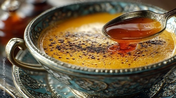 Fototapeta Golden dessert in a decorative bowl being drizzled with syrup from a spoon, a luxurious treat.
