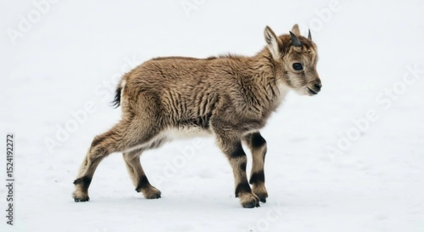 Fototapeta 雪景色を歩く子山羊 愛らしい姿 柔らかな光. AI Generated