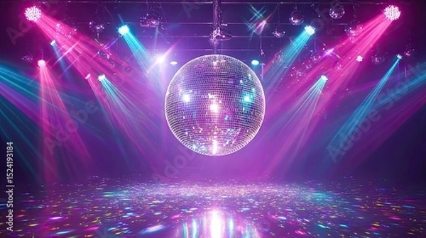 Fototapeta Shiny disco ball hanging in empty club with colorful lights and reflections on dance floor at night