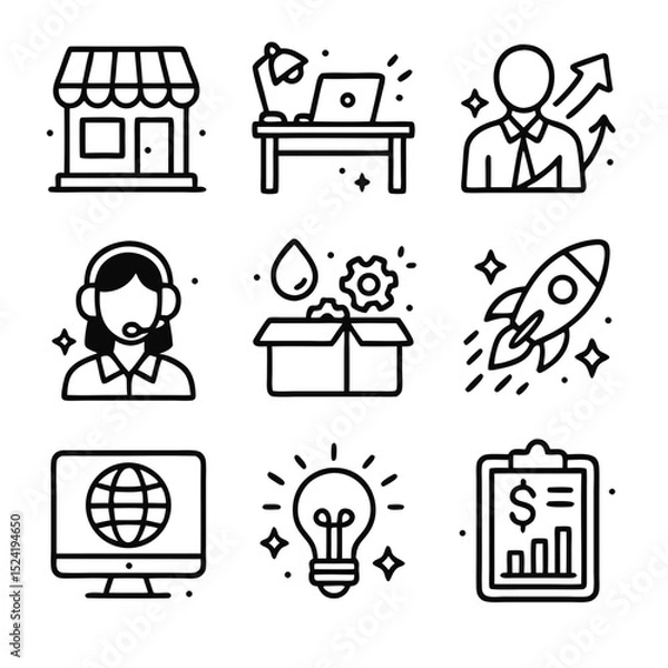 Fototapeta Small business icon set features 9 icons  growth, innovation, finance. Perfect for business websites, presentations, and marketing materials.