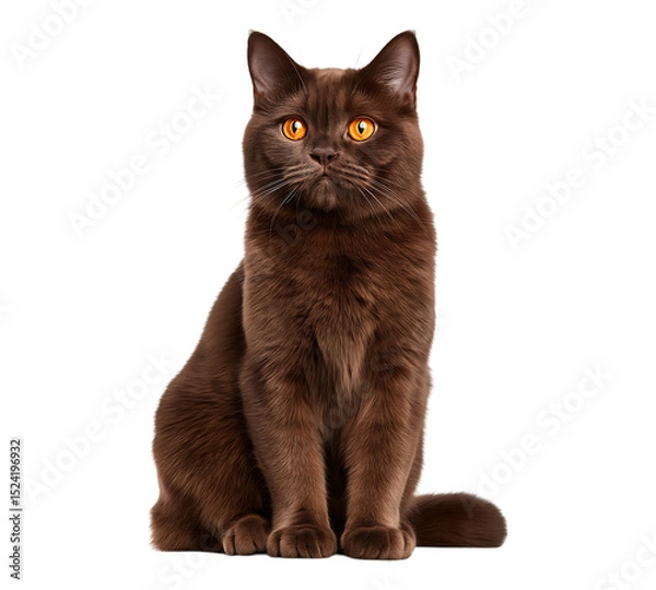 Fototapeta A British Shorthair cat with chocolate brown fur and orange eyes, sitting on the floor and looking at the camera against an isolated transparent background