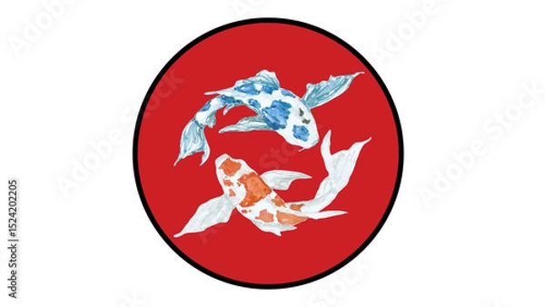 Obraz  Beauty koi fish swimming on red sun background.