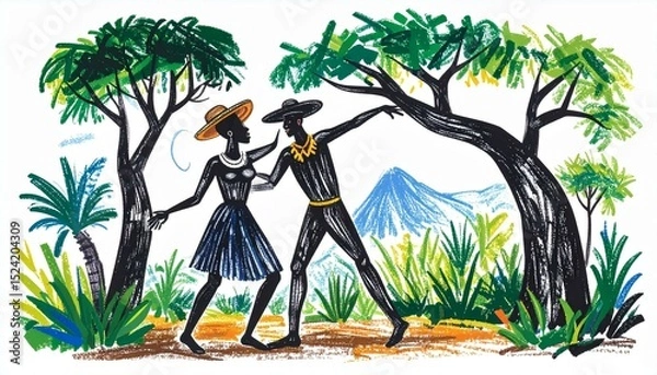 Fototapeta A stylized depiction of a man and woman, clad in black, dancing amidst vibrant green foliage and under the shade of large trees.  A distant, hazy blue mountain adds depth to the colorful, expressive