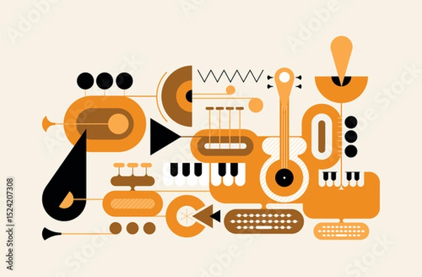 Obraz Abstract design of trumpets, guitars, piano and computers. Concert and music festival poster template, sound recording and musical instruments vector illustration isolated on a light background.