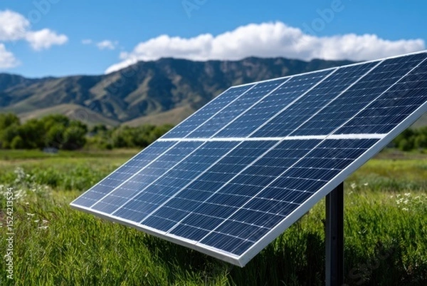 Obraz Solar Panel with Mountain Background on a Sunny Day