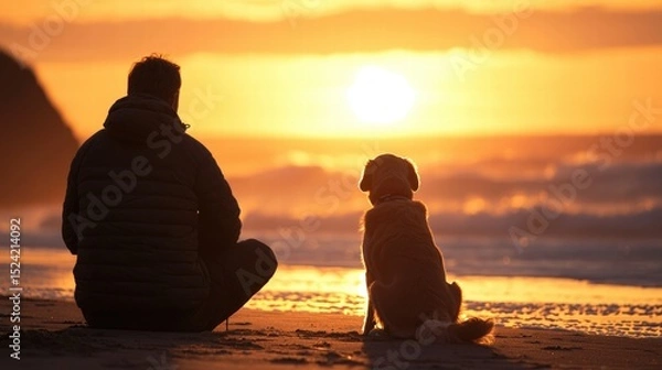 Fototapeta Peaceful sunset scene with a man and dog sitting on the beach, enjoying the golden hour with warm colors and tranquil ocean waves in the background