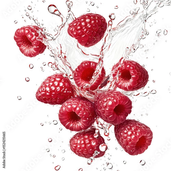 Fototapeta Fresh raspberries splashing in water isolated on transparent background