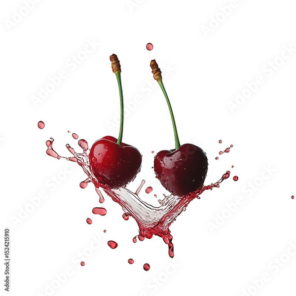 Fototapeta Two cherries splashing juice isolated on transparent background