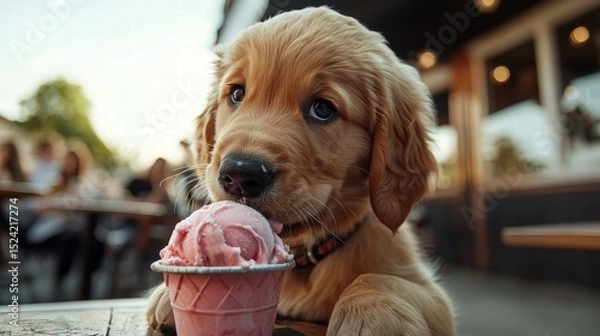 Fototapeta Adorable Golden Retriever puppy enjoying a delicious scoop of pink strawberry ice cream in an outdoor cafe setting with friendly atmosphere and natural lighting