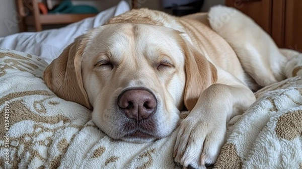 Fototapeta Adorable sleeping Labrador Retriever puppy resting peacefully on cozy blanket indoors with gentle lighting and relaxed expression, cute and calm pet scene
