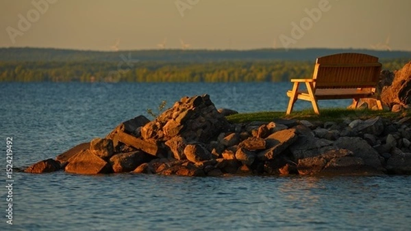 Fototapeta Romantic view of empty bench at small boat bay of Lake Manitou, golden hour sunset dusk. Nestled in the quiet charm of tranquil water. Golden light casts its enchanting glow, the romantic ambiance.