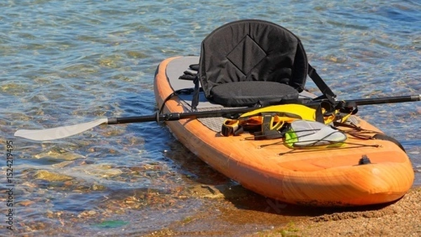 Fototapeta Inflatable board SUP, Stand Up Paddling surfboard for rowing. SUP prepared for watersport activities. Travelling water tourism at Lake Manitou, Manitoulin Island, Canada exploration.