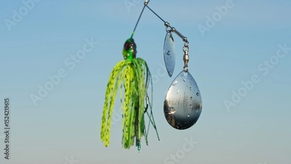 Fototapeta Bass and Pike fishing lure selective shallow close up focus. Spinner bait jig with spoon rotation against blue sky. Fishing equipment with artificial small fish bait.