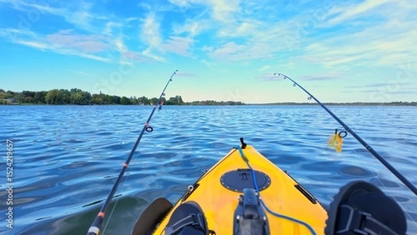 Fototapeta Kayaking on fishing pedal kayak at the lake during summer adventure, travel concept. PDL Drive fishing kayak with angler drifting during fishing at the lake. Fishing on kayak.