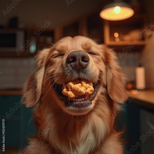 Fototapeta Happy golden retriever dog with closed eyes holding a crunchy chicken snack in its mouth indoors kitchen setting with warm lighting and wooden shelving