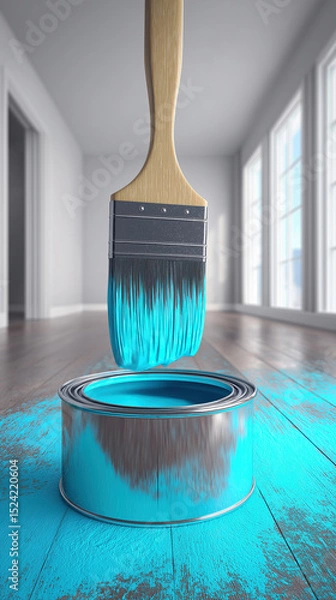 Fototapeta Bright turquoise paintbrush hovering over a can in newly renovated room