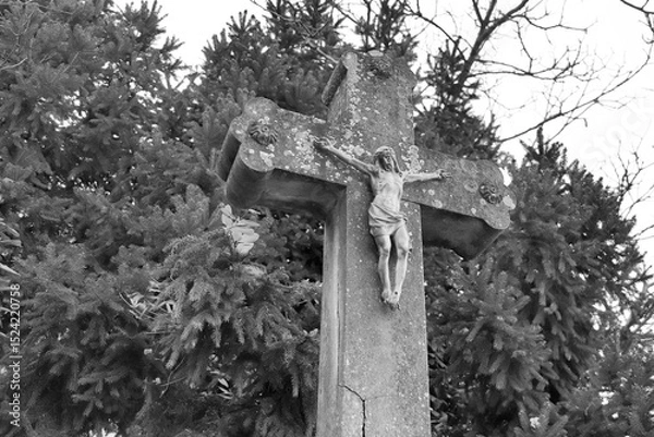 Fototapeta A weathered stone cross stands in a cemetery, adorned with a figure of Jesus in crucifixion. The surface is textured with spots of lichen, suggesting age.