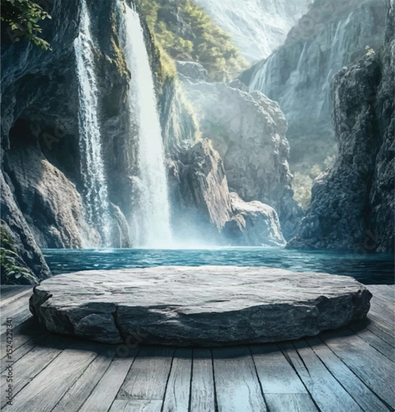 Obraz Round Timber Table with Beautiful Tea Garden View - Wood Surface with Scenic Blurry Tea Fields and Clear Sky - Wooden Table Circle View with Lush Green Tea Plantation