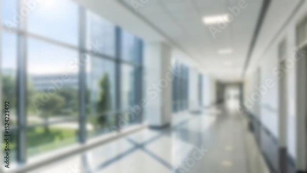 Fototapeta Blurred hospital corridor with bright, clean atmosphere and natural light, perfect for use as a background in healthcare, medical, or wellness projects