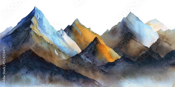 Fototapeta Snowy mountain peak illuminated by sunrise above the clouds. watercolor style mountains range, blue, pink and green colors on white and transparent background