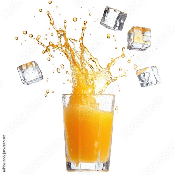 Fototapeta Orange juice splash with ice cubes isolated on transparent background