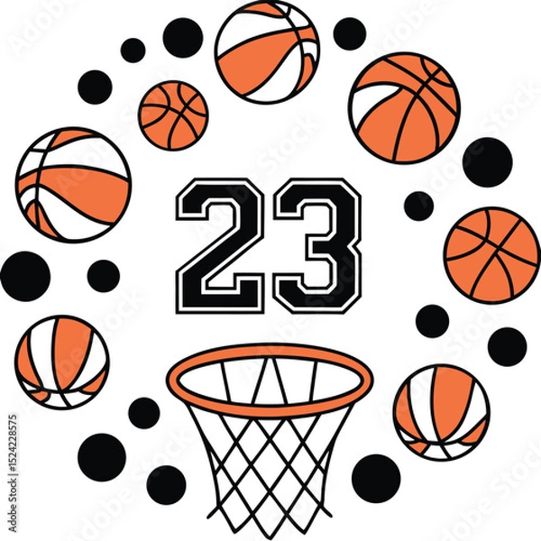 Fototapeta Graphic Number 23 with Basketballs, Net, Black Dots on White Background Design