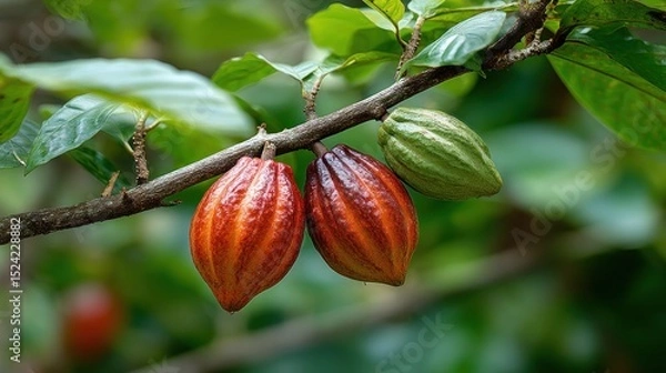 Fototapeta Close-up of ripening cocoa pods on a tree branch in a lush tropical forest