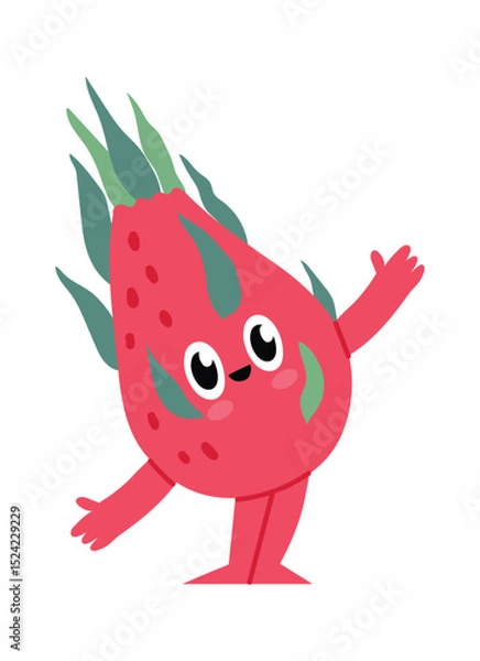 Obraz Cartoon dragon fruit character waving with hands and smiling, funny kawaii exotic fruit with smiling face, arms and legs, isolated illustration on white background