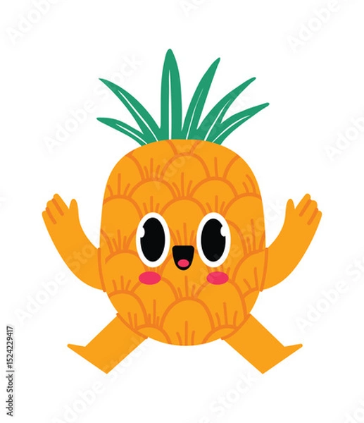 Obraz Funny cartoon character of a joyful pineapple running with open arms, big eyes and a large smile, isolated illustration on white background