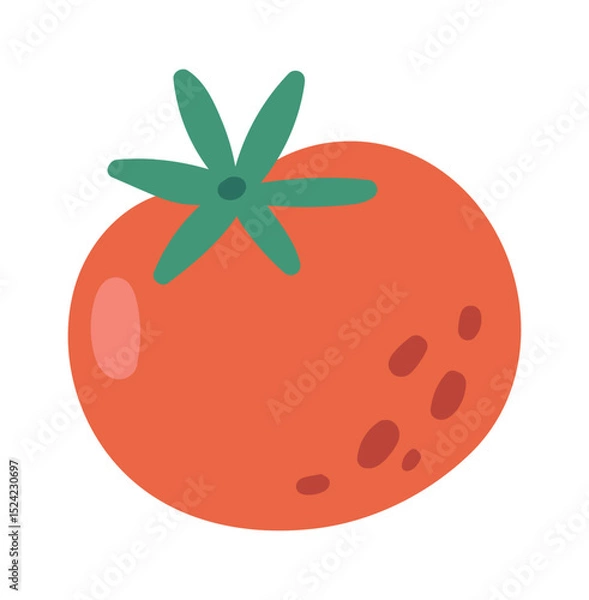 Obraz Cartoon illustration featuring a vibrant, ripe red tomato adorned with fresh green leaves, representing the essence of healthy eating and the joy of fresh produce