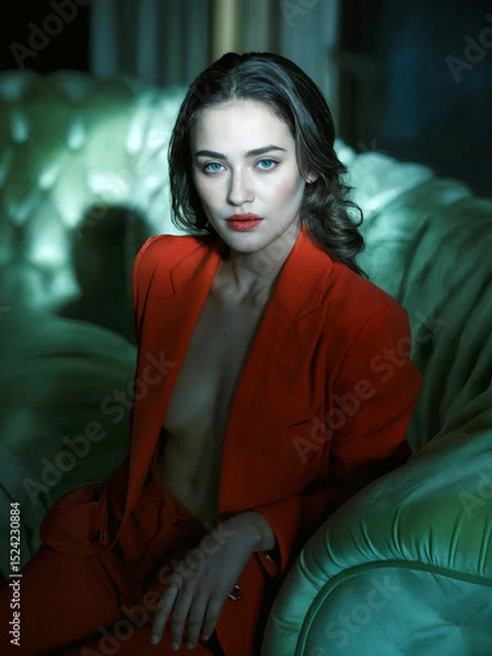 Obraz Luxurious woman in red blazer lounging on green sofa with confident relaxed fashion pose
