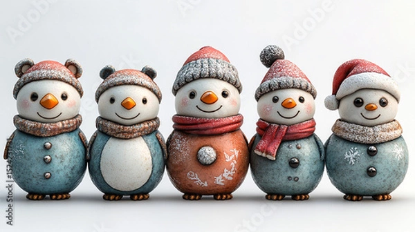Obraz Cute snowmen and penguins, lined up, winter scene, festive