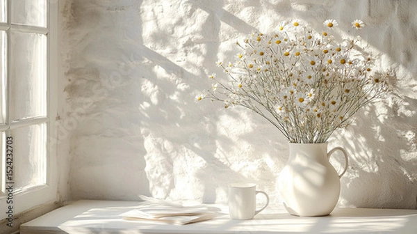 Obraz Daisies in vase by sunny window, stone wall background, tranquil scene