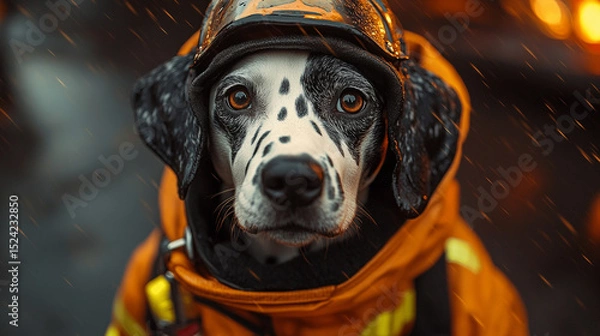 Obraz Dalmatian dog in firefighter gear, fire background, sparks falling, rescue mission