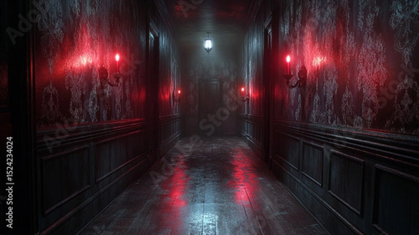 Obraz Dark, foggy hallway with red lights in haunted house