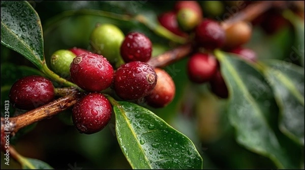 Obraz Macro shot of coffee arabica cherries on a branch with raindrops
