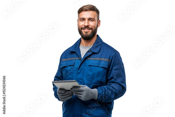 Fototapeta Smiling male technician worker holding a digital tablet, isolated on transparent background. Concept of modern industry and maintenance