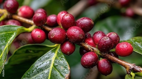 Obraz Close-up of vibrant red coffee cherries on a branch with glossy leaves