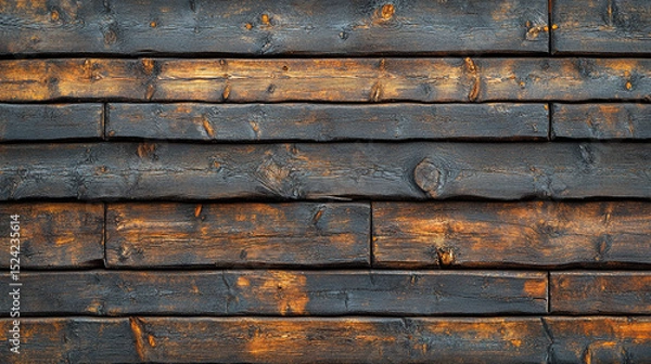 Obraz Dark stained wood plank wall background texture, rustic cabin exterior