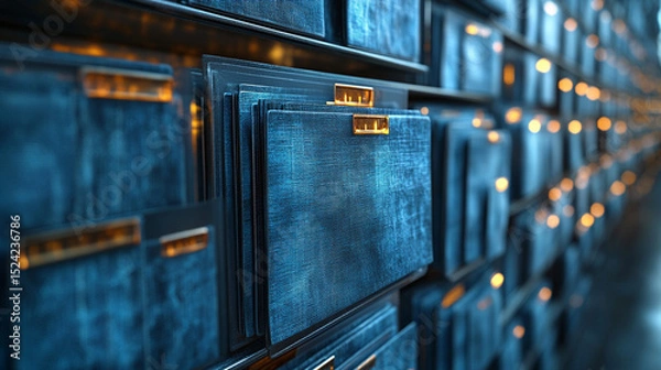 Obraz Data storage wall with glowing files in dark server room