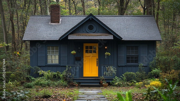 Obraz Cozy cottage with yellow door in autumn forest setting