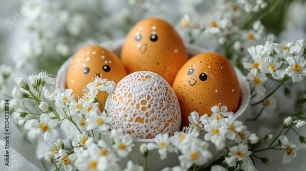 Obraz Decorated Easter eggs in bowl with flowers on white cloth