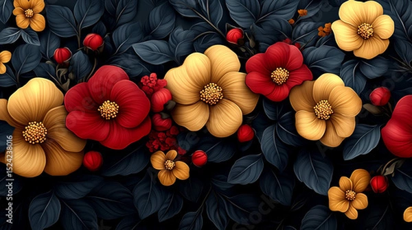 Obraz Decorative floral border with red and gold blossoms on dark background