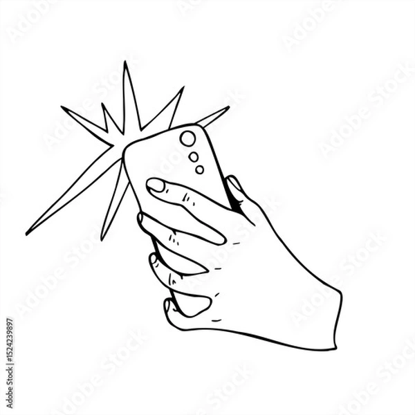Fototapeta Hand holding smartphone back view with flash icon monochrome vector illustration painted by black inks. For selfie concepts, blogging tutorials and social media content, and tech related projects