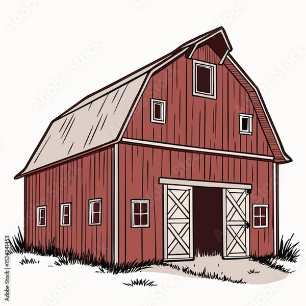 Fototapeta Illustration of a red barn with open doors farm building country architecture rural scene vector drawing
