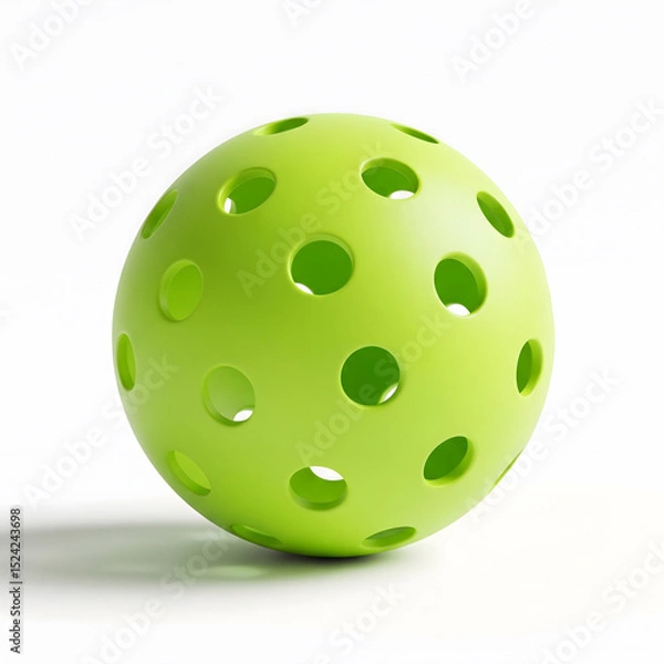Obraz A close-up shot of a bright green pickleball, featuring multiple circular holes, casts a subtle shadow on a white background. Generative AI.