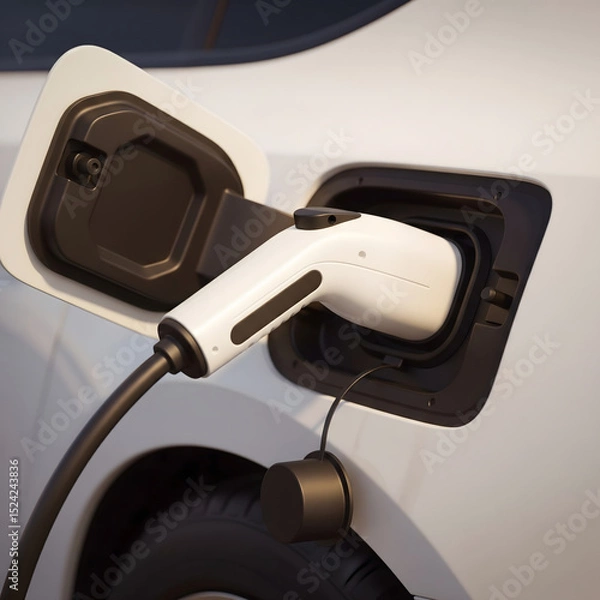 Obraz An electric vehicle charging cable is plugged into the car's port, showcasing modern sustainable transportation technology. Generative AI.